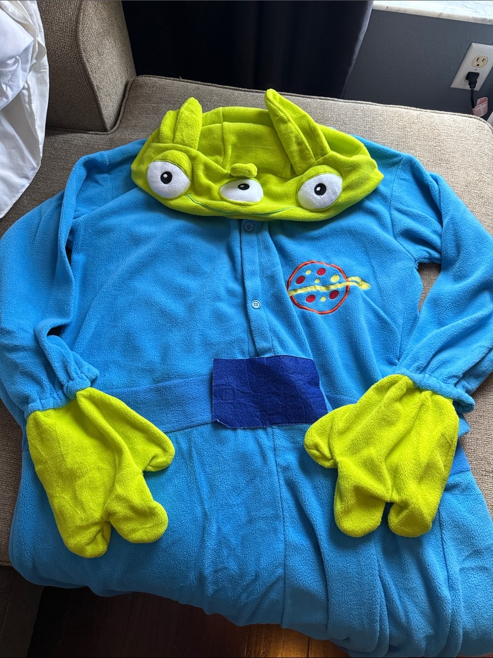 Unisex Toy Story Alien Hooded Fleece Onesie in Lime Green and Bright Blue